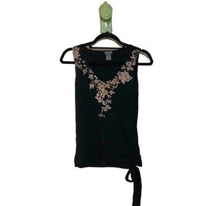 Ann Taylor Floral Tank Shirt Knit Side Bow Tie Loose Fit Black Cream